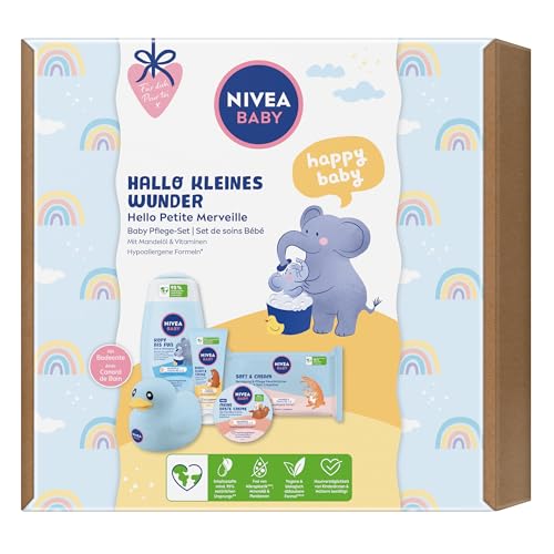 NIVEA BABY, Baby Pflegeset mit Shampoo, Feuchttüchern, Creme und mehr, Geschenkset mit Pflegeprodukten und niedlicher Badeente, Hallo Kleines Wunder Pflege-Set von NIVEA