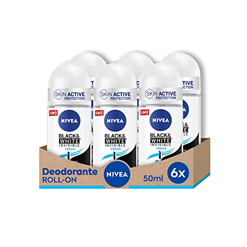 NIVEA Black & White Invisible Fresh Roll-on 6 x 50 ml Deodorant Women für Frische 72h Deo Roll-on Anti-Transpirant für Gerüche, Schweiß, Rückstände, Irritationen und Flecken auf Textilien von NIVEA