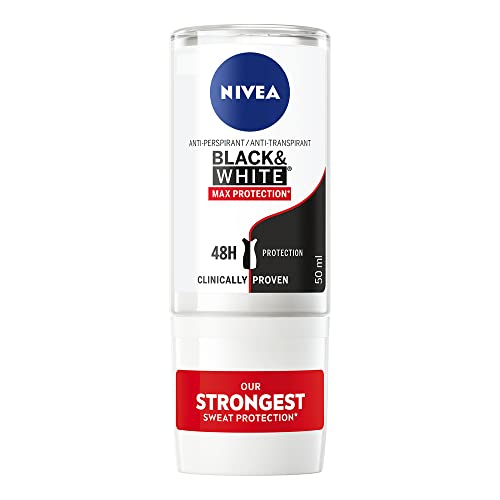 NIVEA Black & White Max Protection (50 ml), Deodorant für Damen, Anti-Transpirant Roll On zur Reduzierung von weißen Flecken, Deodorant Damen, maximaler Schutz, 48h Schutz von NIVEA