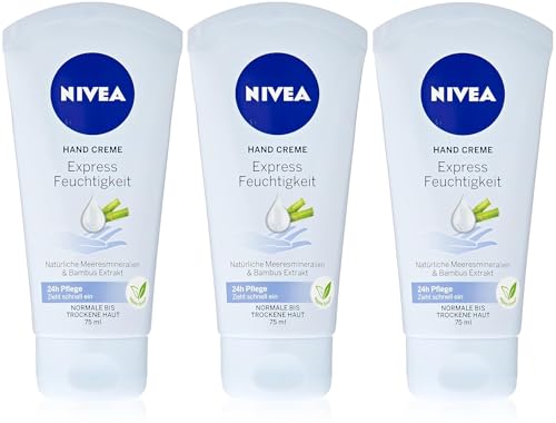 NIVEA Express Feuchtigkeit Hand Creme, leichte Handcreme mit Bambus-Extrakt und natürlichen Meeresmineralien, schnell einziehende Handpflege, 3er Pack (3 x 75ml) von NIVEA