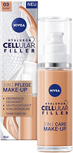 NIVEA Hyaluron Cellular Filler 3in1 Pflege Make-Up Dunkel (30 ml), feuchtigkeitsspendende Foundation mit Hyaluron, Gesichts für einen ebenmäßigeren Teint von NIVEA