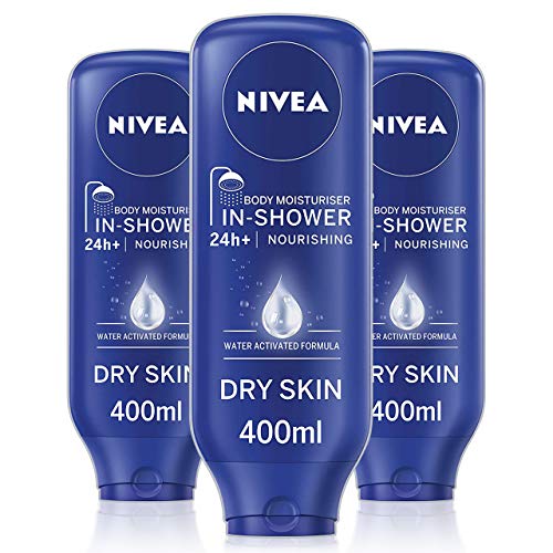 NIVEA In-Shower Körperfeuchtigkeitspflege Pflegend für trockene Haut 3er Pack (3 x 400 ml) Körperfeuchtigkeitspflege für die Dusche Feuchtigkeitspflege für Frauen mit Mandelöl von NIVEA