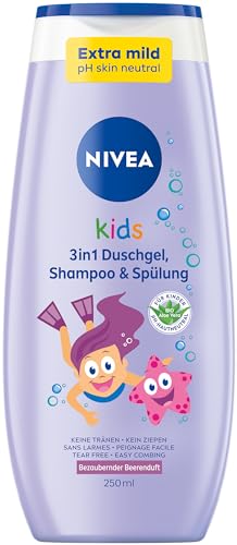 NIVEA KIDS 3in1 Duschgel, Shampoo & Spülung, Pflege und Reinigung für Kids mit bezauberndem Beerenduft, extra milde, seifenfreie Haar- und Hautpflege für Kinder (250 ml) von NIVEA