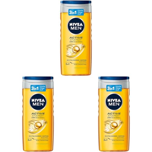 NIVEA MEN Active Energy Duschgel (250 ml), pH-hautfreundliche Pflegedusche mit 24h Frische-Effekt, Männer Duschgel mit Koffein für Körper, Gesicht und Haar (Packung mit 3) von NIVEA