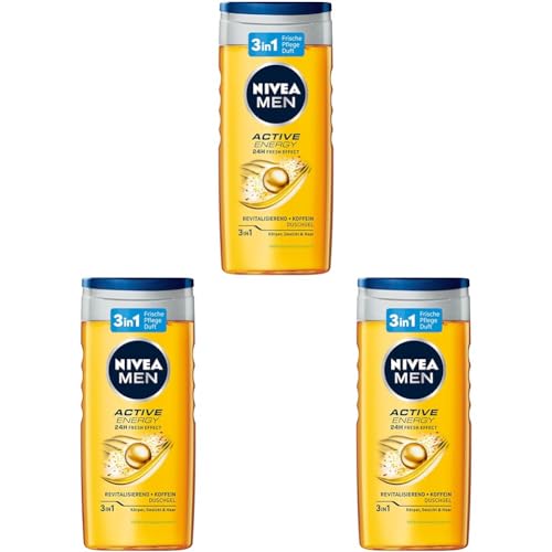 NIVEA MEN Active Energy Duschgel (250 ml), pH-hautfreundliche Pflegedusche mit 24h Frische-Effekt, Männer Duschgel mit Koffein für Körper, Gesicht und Haar (Packung mit 3) von NIVEA