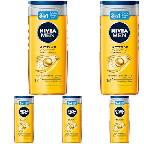 NIVEA MEN Active Energy Duschgel (250 ml), pH-hautfreundliche Pflegedusche mit 24h Frische-Effekt, Männer Duschgel mit Koffein für Körper, Gesicht und Haar (Packung mit 5) von NIVEA