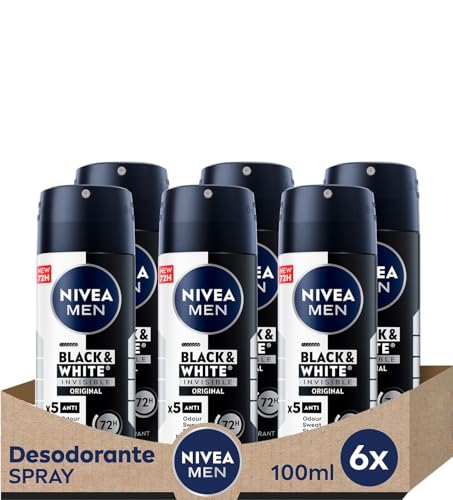 NIVEA MEN Black & White Invisible Spray Pocket im 6er Pack (6 x 100 ml), Anti-Pigment-Deo mit 48h Schutz, Anti-Transpirant Deo für die Männerpflege von NIVEA