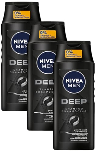 NIVEA MEN Deep Shampoo, Shampoo gegen fettige Haare mit Aktivkohle, revitalisierendes Männer Shampoo für ein langanhaltendes Frischegefühl, veganes Shampoo für Tiefenreinigung (250 ml) (Packung mit 3) von NIVEA