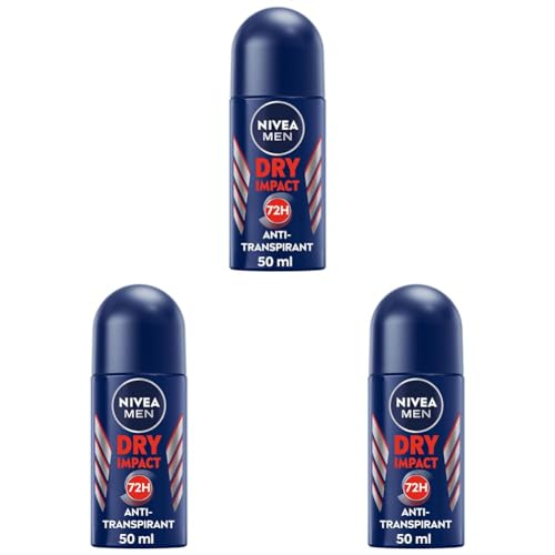 NIVEA MEN Dry Impact Deo Roll-On (50 ml), Anti-Transpirant für ein trockenes Hautgefühl, 72h Schweiß-Schutz und Dual-Active-Formel (Packung mit 3) von NIVEA