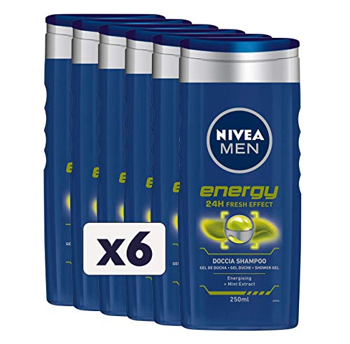 NIVEA MEN Energy Duschshampoo 6 x 250 ml, revitalisierender Duschschaum für Körper, Gesicht und Haare, erfrischend mit Minzextrakt von NIVEA MEN