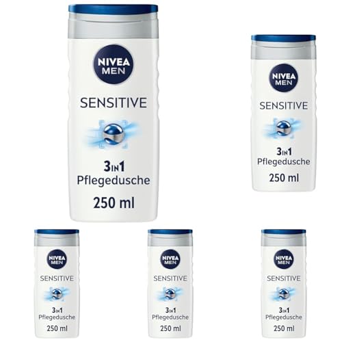 NIVEA MEN Sensitive Duschgel (250 ml), pH-hautfreundliche Pflegedusche für empfindliche Haut, Männer Duschgel mit Bambusextrakt für Körper, Gesicht und Haar (Packung mit 5) von NIVEA