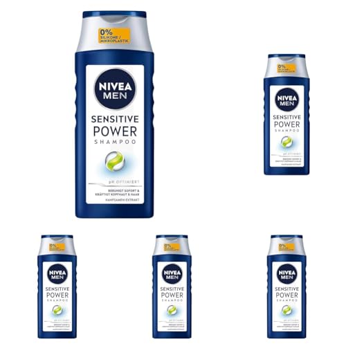 NIVEA MEN Sensitive Power Shampoo, beruhigendes Männer Shampoo mit Hanfsamen-Extrakt für die tägliche Anwendung, Haarshampoo für juckende und irritierte Kopfhaut (250 ml) (Packung mit 5) von NIVEA