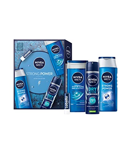 NIVEA MEN Strong Power Geschenkset, Geschenkbox mit starken Pflege-Favoriten für einen aktiven Lifestyle, Pflegeset mit Duschgel, Shampoo, Deo und Labello for Men von NIVEA
