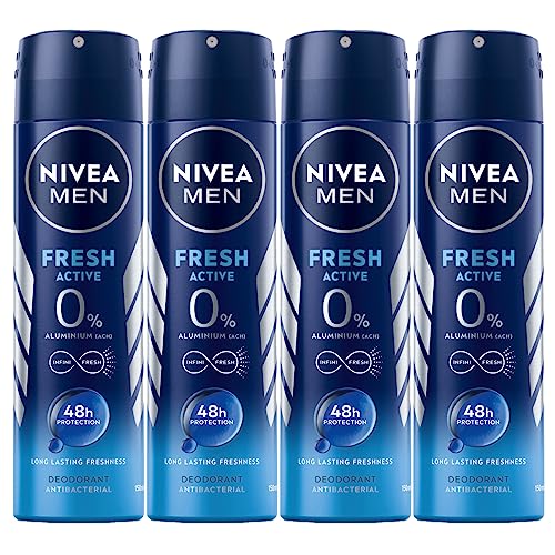 NIVEA Men Fresh Active Deodorant für Herren, Spray mit Meeresextrakten, Antitranspirant, für 48 Stunden frischen Duft – 4 Flaschen à 150 ml von NIVEA
