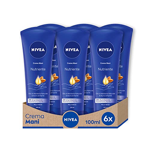 NIVEA Pflegende Handcreme, 6 x 100 ml, nährende Creme angereichert mit Mandelöl, duftende Handcreme mit feuchtigkeitsspendender Formel von NIVEA