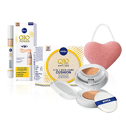 NIVEA Q10 Plus Anti-Falten Skin Care Foundation Cushion Farbcreme Anti-Aging 01 Light-Medium 15ml und Eye Care Cushion Concealer Augenringe 02 Nude 5 ml inkl. Nivea Soft Mini 25ml von NIVEA