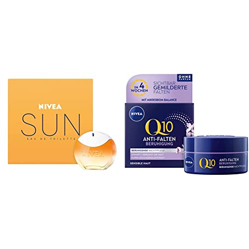 NIVEA SUN Eau de Toilette (30 ml), NIVEA SUN EDT mit dem Original NIVEA SUN Sonnencreme Duft & Q10 Anti-Falten Beruhigung Nachtpflege (50 ml), Nachtcreme mit purem Q10 und Süßholzextrakt von NIVEA