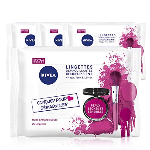 NIVEA Sanfte 3-in-1 Reinigungstücher (4 x 25 ST), 3-in-1 Make-up-Entferner für trockene und empfindliche Haut mit Süßmandelöl, Gesichtsreiniger, Augen & Lippen von NIVEA