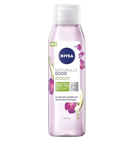 NIVEA Shower Gel 300ML Women Rose Water&Argan Oil (Pack of 4) shower gel is a natural, gentle cleanser with a 99% biodegradable formula, suitable for all skin types, made from 97% recycled PET plastic von Nivea