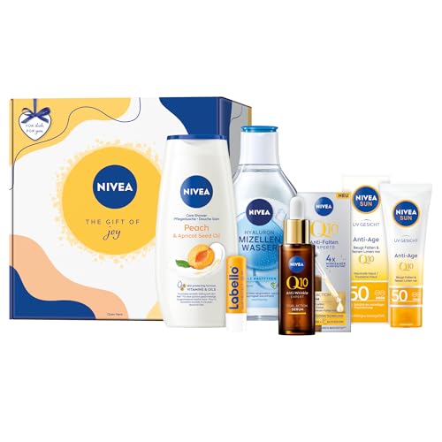 NIVEA The Gift of Joy Geschenkset, Geschenk für Frauen, Geschenkbox mit Q10 Serum (30 ml), Q10 Anti-Age Sonnencreme (50 ml), Mizellenwasser (400 ml), Pflegedusche (250 ml) & Labello LSF 50 (4,8 g) von NIVEA