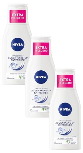 NIVEA Wasserfester Augen Make-Up Entferner (125 ml), sanfter Make-Up Entferner mit Kamillen-Extrakt und Provitamin B5, entfernt selbst wasserfeste Mascara und Make-Up (Packung mit 3) von NIVEA