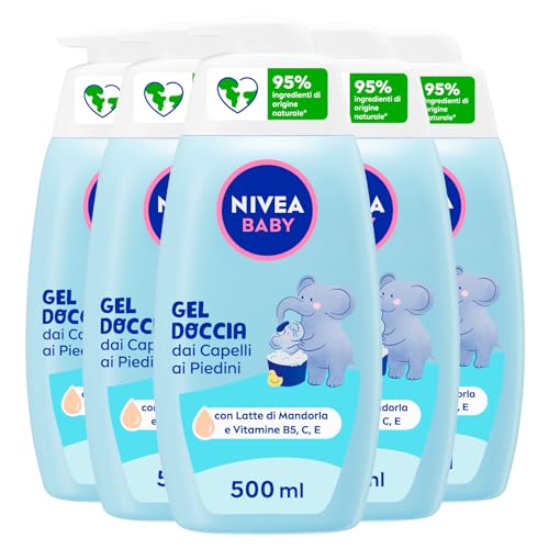 Nivea Baby Duschgel für Haare bis Füße, Baby-Shampoo für Körper und Haare, mild und hypoallergen, Reiniger mit Mandelmilch – 5 Flaschen à 500 ml von NIVEA