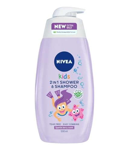 Nivea Kids Hair & Body Shampoo 500ml Sparkle Berry 3 in 1 for Children No-tear Formula Easy Brushing Organic Aloe Vera Skin Neutral Ph Chamomile Soap-free Formula (Pack of 2) von NIVEA