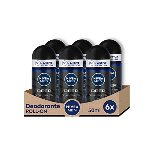 NIVEA MEN DEEP Roll-on Deodorant 6 x 50 ml, Herren-Deodorant mit antibakterieller Formel mit Aktivkohle, Anti-Atmungsaktiv für 48 h intensive Frische von NIVEA