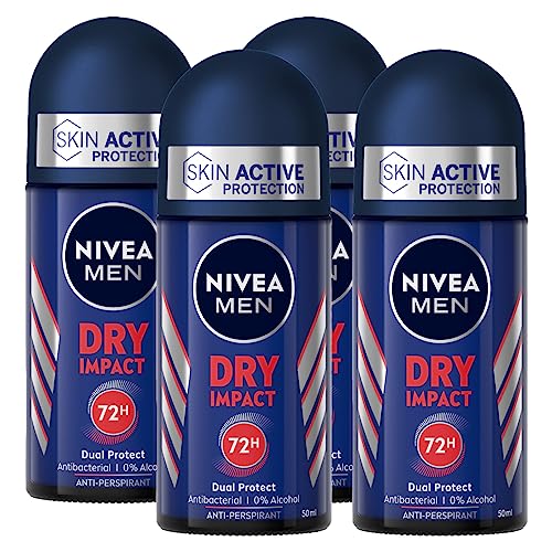 Nivea Men Dry Impact Deodorant Roll-On für Herren, Antitranspirant für alle Hauttypen Dual Protect 72h - 4 Flaschen à 50 ml von NIVEA