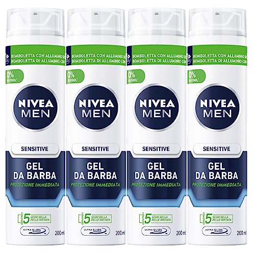 Nivea Men Sensitive Bartgel für Herren, mit Kamille-Extrakt und Vitamin, feuchtigkeitsspendend, weich und schützt den Bart – 4 Flaschen à 200 ml von NIVEA