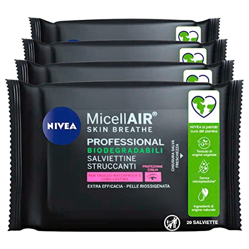 Nivea MicellAIR Professional Make-up-Entferner-Tücher mit pflanzlichen Inhaltsstoffen für Gesicht und Make-up, wasserdicht, 4 Packungen mit je 20 Tüchern von NIVEA