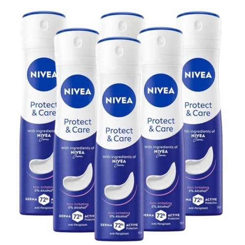 Nivea Protect & Care Deo-Spray Antitranspirant 72h ohne Alkohol - nicht reizend, sanfte Pflege mit Duft von Nivea Creme, Herren Damen, 150 ml (6) von NIVEA