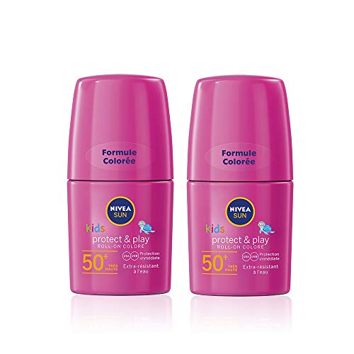 NIVEA SUN Kids Schutz & Pflege farbiger Sonnen-Roller im 2er Pack (2 x 50 ml), praktische Sonnencreme mit LSF 50+, Sonnenlotion mit Färbung zum lückenlosen Auftragen von NIVEA