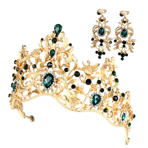 NIYANGLE 1 Satz Barocke Hochzeitskrone mit Ohrclips Tiara Set für Bräute und Damen Zierde für Hochzeiten und Besondere Anlässe Funkelnde Grüne Strasssteine Einzigartiges Design von NIYANGLE