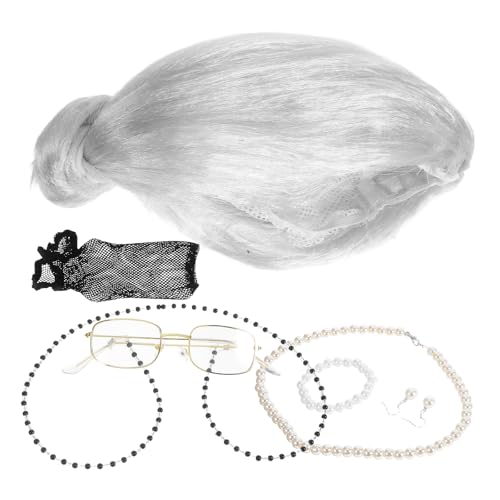 NIYANGLE 1 Set Alte-Dame-Kostüm: Alte-Dame-Perücke und Zubehör, graue Perücke, Vintage-Halskette für Halloween-Oma-Kostüm, Rollenspiele für ältere Menschen, Theateraufführungen und von NIYANGLE