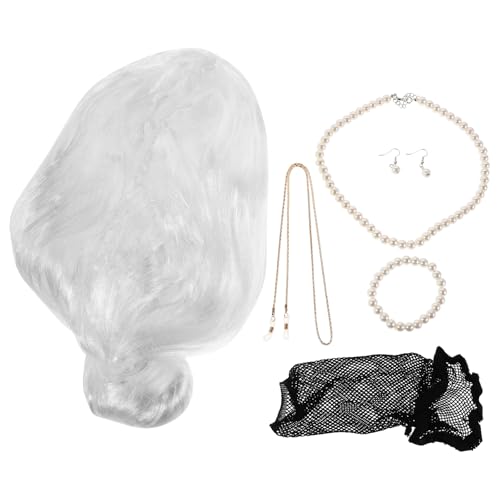 NIYANGLE 1 Set Alte Dame Perückenset Alte Dame Kostüm für Frauen Mädchen Oma Kostüm Silbergraue Perücke Brillenhalterkette Perlenkette und Ohrring NIYANGLE 1 Set Alte Dame Perückenset Alte Dame Kostüm für Frauen Mädchen Oma Kostüm Silbergraue Perücke Brillenhalterkette Perlenkette und Ohrring von NIYANGLE