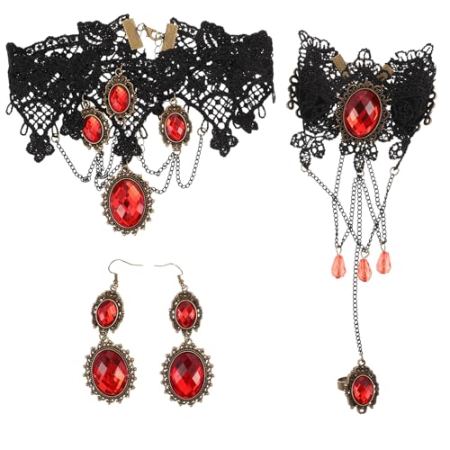 NIYANGLE 1 Set Halloween Schmuck Frauen Lady Goth Armband Ohrring Kragen Gothic Halskette Steampunk Spitze Halskette Statement Armband für Hochzeit Party Vampir Cosplay von NIYANGLE