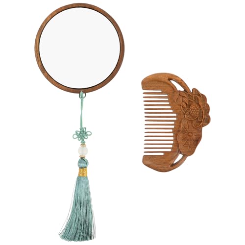 NIYANGLE 1 Set Vintage-Handspiegel: Kompaktes Make-up-Spiegel- und Kamm-Set für Frauen und Mädchen – dekorativer, handgeschnitzter Holzkamm, tragbar für Make-up-Nachbesserungen von NIYANGLE