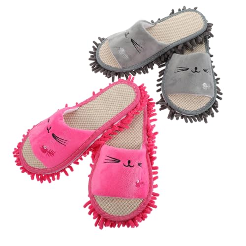 NIYANGLE 2 Paare Mop Slipper für Damen Rutschfeste Geräuschlose Reinigungsschuhe mit Hoher Wasseraufnahme Waschbare Bodenwisch Slipper Mittlere für Schuhgröße Grauer und Roter Fischgrät von NIYANGLE