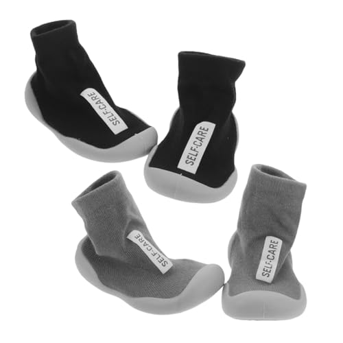 NIYANGLE 2 Paare Sockenschuhe mit Weicher Sohle Rutschfeste Atmungsaktive Neugeborenen Hausschuhe Leichte Junge Mädchen Lauflernschuhe für Drinnen und Draußen Schwarz von NIYANGLE