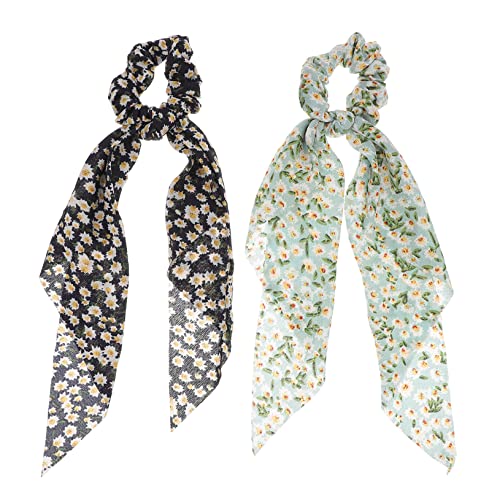NIYANGLE 2stücke Bedruckter Haargummi-schal Chiffon-haarringe Langes Haarseil Für Frauen Mädchen-haargummis Passend Zu Kleid Shirt von NIYANGLE