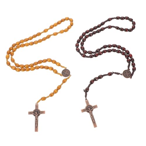 NIYANGLE 2 Stück Handgefertigte Holzkette mit Kreuzanhänger Leichte Katholische Rosenkranzperlen Religiöses Schmuckstück für Männer und Frauen Stilvolles Spirituelles von NIYANGLE