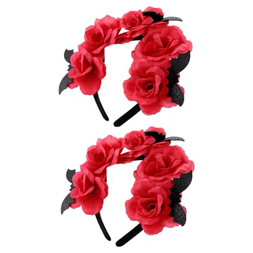 NIYANGLE 2 Stück Teiliges Halloween Fledermaus Haarnetz für Damen mit Rosenblumen Haarreif Rot Elastisches Leichtes Haarschmuck Accessoire für Cosplay und Partys von NIYANGLE
