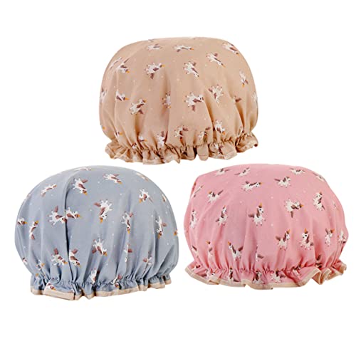 NIYANGLE 3 Stück Cartoon Duschhaube für Damen Atmungsaktiv und Elastisch Badekappen Blau und Khaki für Dusche Spa und Makeup von NIYANGLE