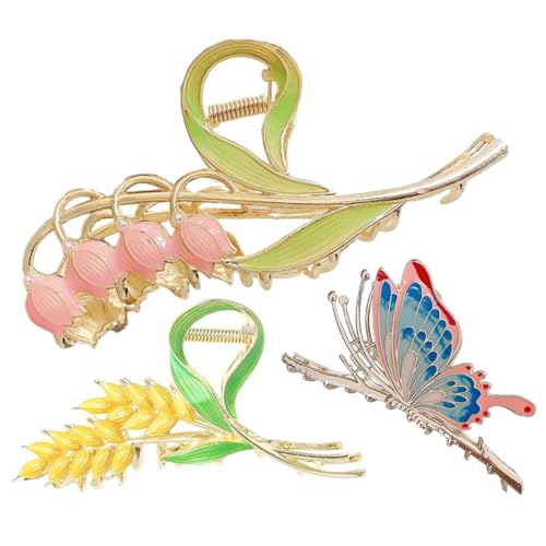NIYANGLE 3 Stück Große Haarklammer für Damen Pack Haarklammern Zarten Designs Weizen Schmetterling Rutschfeste Klauenclips für Hairstyling Geeignet für Anlässe von NIYANGLE