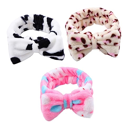 NIYANGLE 3stücke Haarband Für Damen Elastisches Make-up Kopfband Mit Schleife Aus Fleece Für Gesichtswäsche Kosmetik Yoga Und Mehr Hasen Kuh Und Leopardenmuster von NIYANGLE