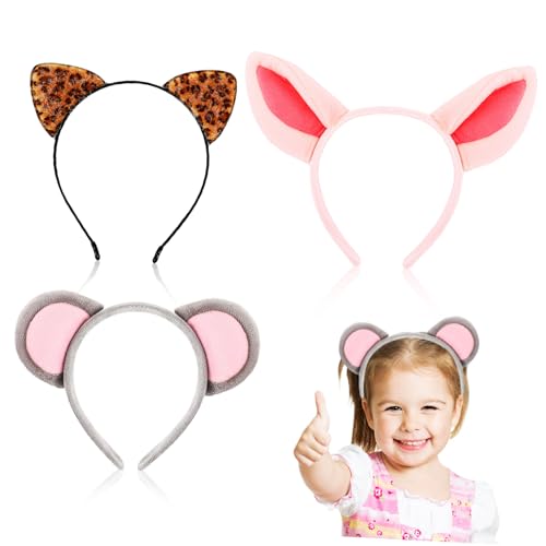 NIYANGLE 3 Stück Tierohren Haarreifen Leopard und Schwein Weiche Stoffe Perfektes Kostümzubehör für Partys und Karneval Vielseitig Einsetzbar von NIYANGLE