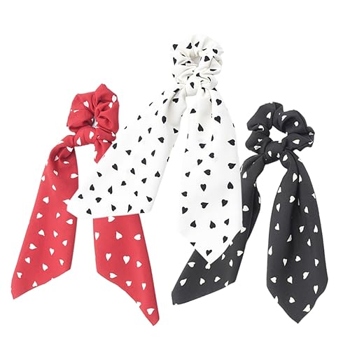 NIYANGLE 3stücke Teiliges Herzbedruckte Haargummis Für Frauen Dekorative Haaraccessoires Weiß Schwarz Und Rot Elastische Scrunchies Für Pferdeschwänze Und Kreative Frisuren von NIYANGLE
