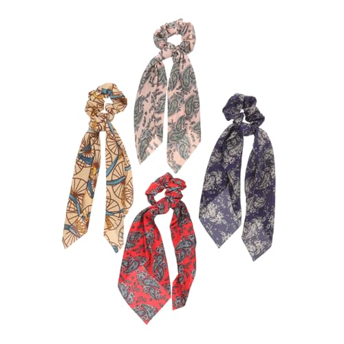 NIYANGLE 4 Stück Bohemian Haargummis Teiliges aus Bunten Scrunchies mit Langen Bändern für Damen Stilvolle Haarschmuck für Jede Gelegenheit für Dicke und Dünne Haare von NIYANGLE
