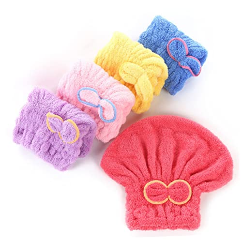 NIYANGLE 5 Stück Teiliges Set Dry Hair Hats Doppelseitige Dicke und Bequeme Handtücher aus Korallenvlies mit Schleife für Schnelles Trocknen und Tägliche Nutzung Verschiedenen Farben von NIYANGLE
